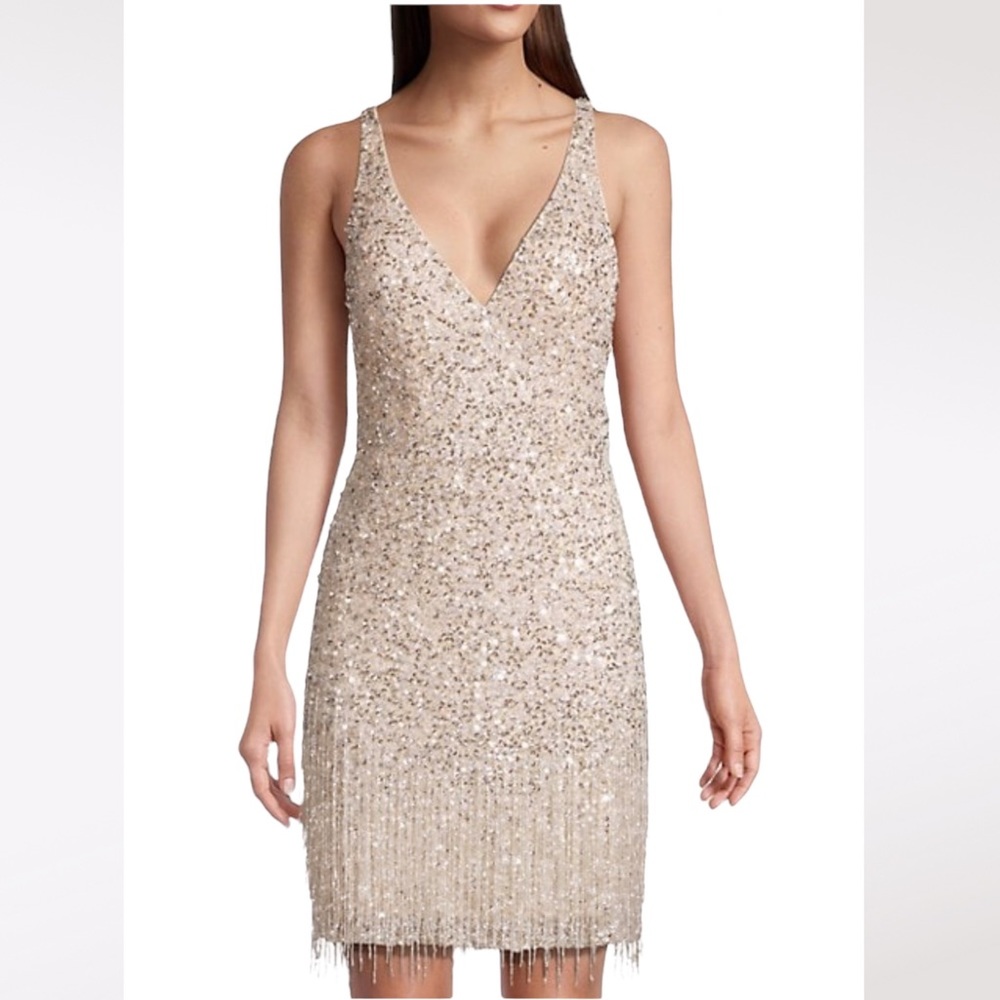 Mac Duggal Short Nude & Silver Beaded Fringe Dress